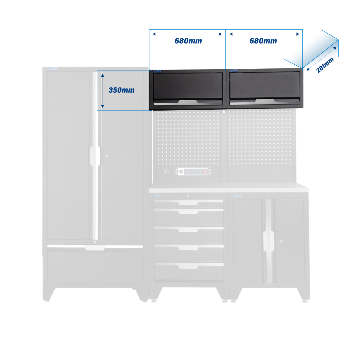 SGS 7pc Modular Garage Storage | 5 Drawers | Stainless Steel Worktop | Tall Double Cabinet with Drawer | 2x Upper Cabinets | Pegboard with Power Strip